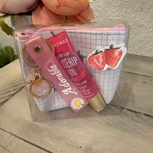 Adorable Pink Strawberry Cosmetic Pouch with Keychain & Lip Oil